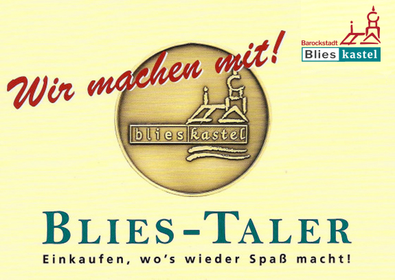 Abbildung des Blies-Talers mit Schriftzug "Wir machen mit" und Logo von Blieskastel